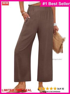 Wide Leg Cropped Palazzo Pants Pull On High Rise Pockets